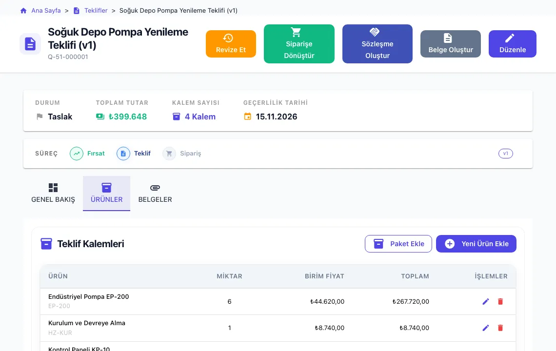 CRModular quote screen: line items priced from the price list and the quote total